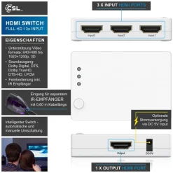 CSL HDMI Switch Verteiler 3 in 1 Out, Automatische Umschaltung 3 Port TrueHD, DTS-HD, LPCM 7.1, 5.1, DSD, Dolby-AC3 - mit Verstärker Hot