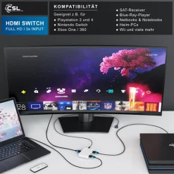 CSL HDMI Switch Verteiler 3 in 1 Out, Automatische Umschaltung 3 Port TrueHD, DTS-HD, LPCM 7.1, 5.1, DSD, Dolby-AC3 - mit Verstärker Hot