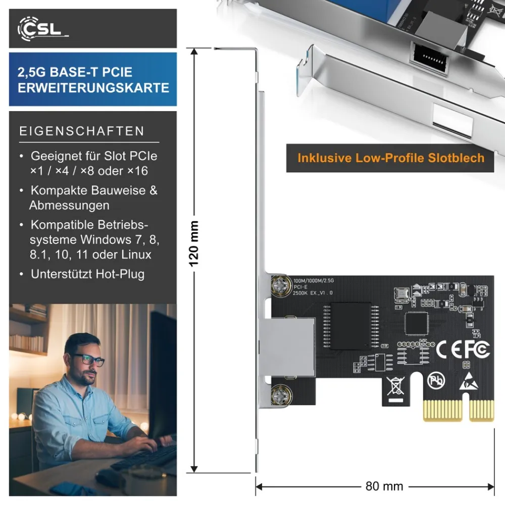 CSL PCIe Ethernet Adapter, 2,5G Netzwerk, für Windows und Linux New