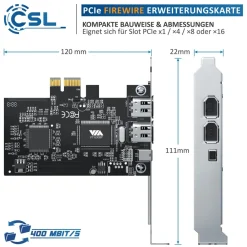 CSL PCI Firewire Karte Erweiterungskarte - PCI-E - 3 Anschlüsse - 1394a 1394b -Controller-Karte - 2 x 6 Pin und 1 x 4 Pin für Desktop-PC Online