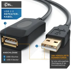 USB 2.0 Typ A Verlängerungskabel, aktives Repeater Kabel / Verlängerung mit Signalverstärkung - 5m ^ CSL Discount