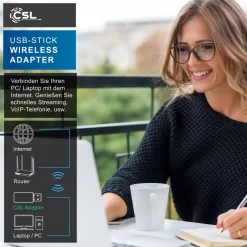 CSL WLAN 300 Mbit/s USB Stick Adapter - WiFi Adapter - Verschlüsselung WEP WPA WPA2 - 2,4 Ghz 2T2R - Verstärkung 18 dBm - für Windows 7 - 11 Online