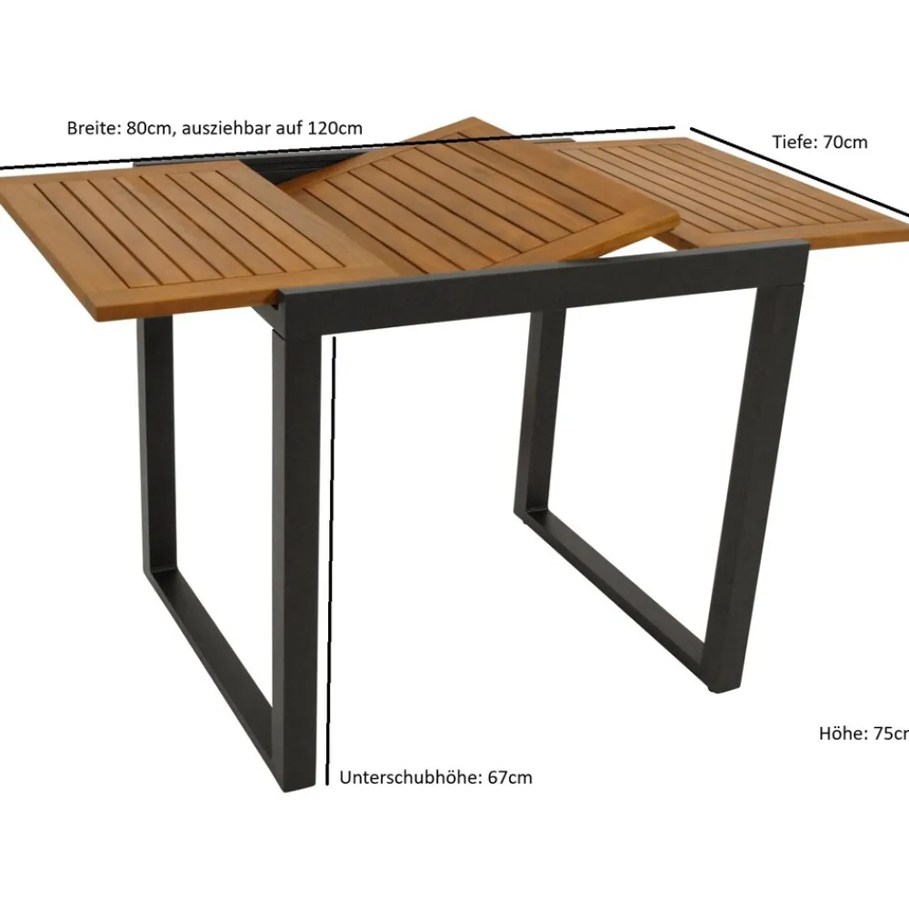 Balkon-Ausziehtisch RIVELLO 80/120x70cm, Aluminium anthrazit + Akazie geölt, FSC-zertifiziert ^ DEGAMO Hot