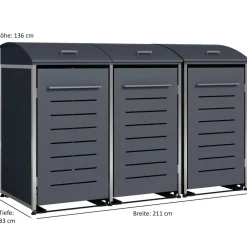 DEGAMO Mülltonnenbox KIEL 211x83x136cm für 3x Tonne 120 und 240 Liter, Stahl anthrazit + Edelstahl Outlet