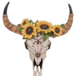 Deko Schädel -Q10, Polyresin Stier Bulle Longhorn Kopf Trophäe mit Verzierung Sonnenblume, In-/Outdoor 42cm ^ MCW Sale