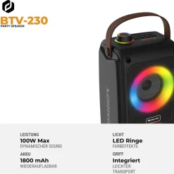 Denver BTV-230 Bluetooth Party Lautsprecher, 2x 50W (Stereo) mit LEDs New