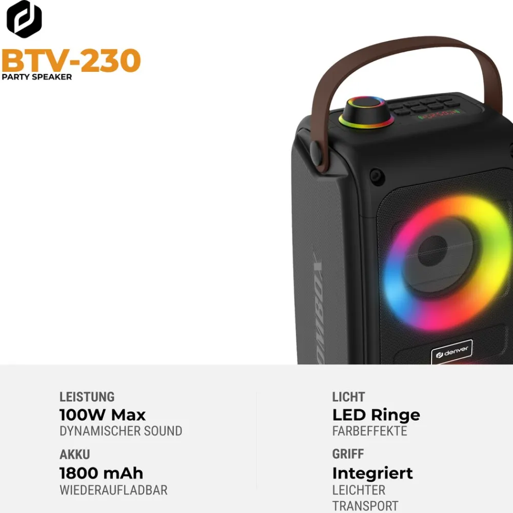 Denver BTV-230 Bluetooth Party Lautsprecher, 2x 50W (Stereo) mit LEDs New
