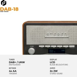 Denver DAB-18 Retro DAB+ Radio mit Bluetooth und Wecker, dunkles Holz Braun New