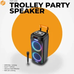 TSP-456 Bluetooth Lautsprecher Trolley–600W, Mikrofon, schwarz ^ Denver Online