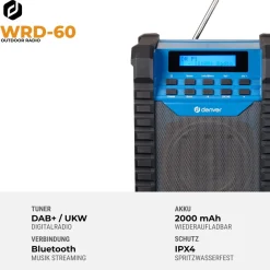 Denver WRD-60 Baustellenradio–DAB+, Bluetooth, 100W, IP54, schwarz New