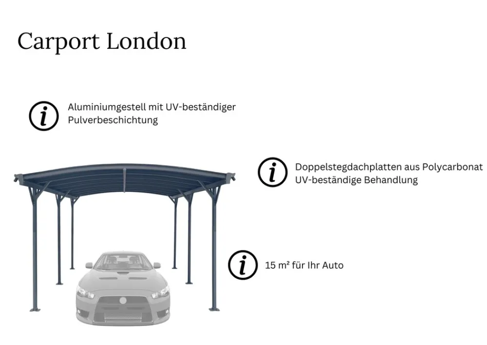 Aileenstore Design Carport London Aluminium Doppelstegplatten Beschichtung gegen UV-Strahlung Grau Discount