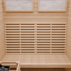 Dewello Finnische Sauna MINTO 150x130 Kabine aus Hemlock Tannenholz mit 4,5 kW Harvia Ofen, inkl Sauna Set Clearance