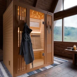 Dewello Finnische Sauna MINTO 150x130 Kabine aus Hemlock Tannenholz mit 4,5 kW Harvia Ofen, inkl Sauna Set Clearance