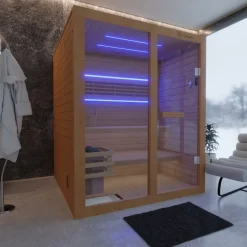 Dewello Finnische Sauna TOFINO 160x150 Kabine aus Hemlock Tannenholz mit,4,5 kW Harvia Ofen, inkl Sauna Set Online