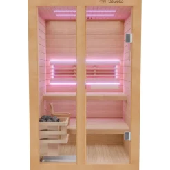 Dewello Finnische Sauna TOFINO 120x140 Kabine aus Hemlock Tannenholz mit 3,5 kW Harvia Ofen, inkl Sauna Set Online