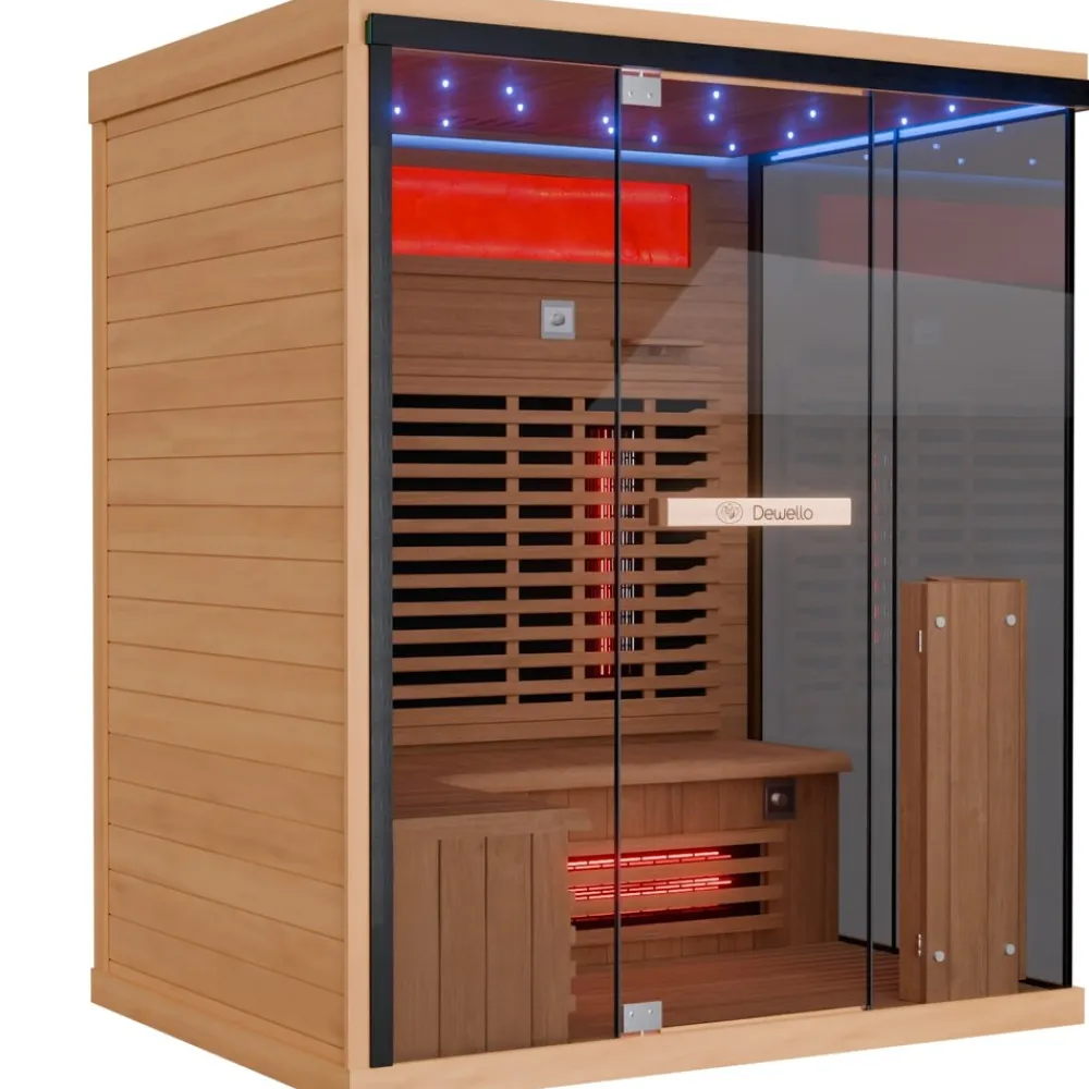 ® Infrarotkabine Infrarotsauna KENORA 160x120 für 2-3 Personen aus Hemlockholz, Dual-Therm, mit Salzsteinoptik ^ Dewello Clearance