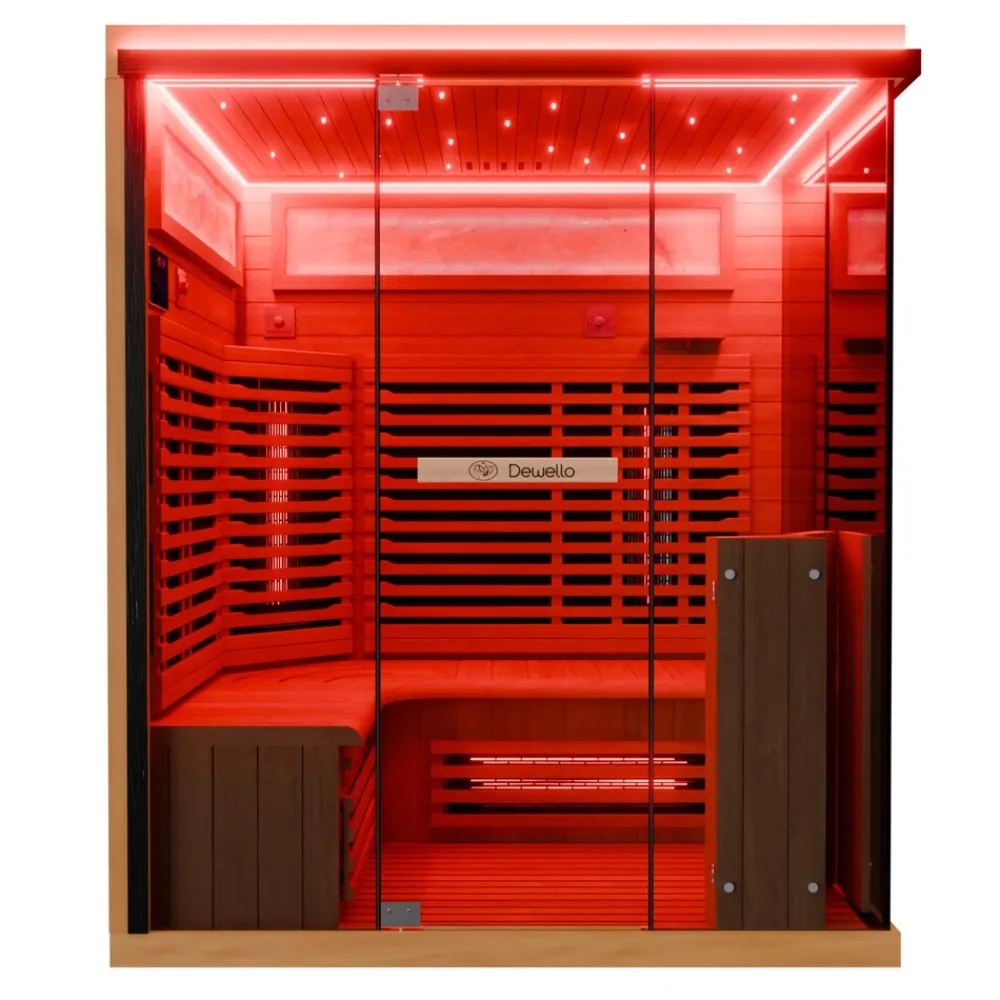 ® Infrarotkabine Infrarotsauna KENORA 160x120 für 2-3 Personen aus Hemlockholz, Dual-Therm, mit Salzsteinoptik ^ Dewello Clearance