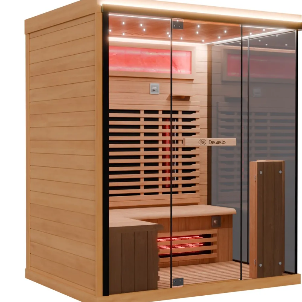 ® Infrarotkabine Infrarotsauna KENORA 160x120 für 2-3 Personen aus Hemlockholz, Dual-Therm, mit Salzsteinoptik ^ Dewello Clearance