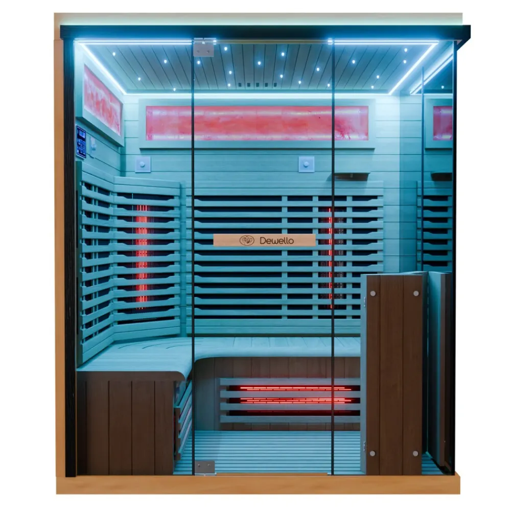 ® Infrarotkabine Infrarotsauna KENORA 160x120 für 2-3 Personen aus Hemlockholz, Dual-Therm, mit Salzsteinoptik ^ Dewello Clearance