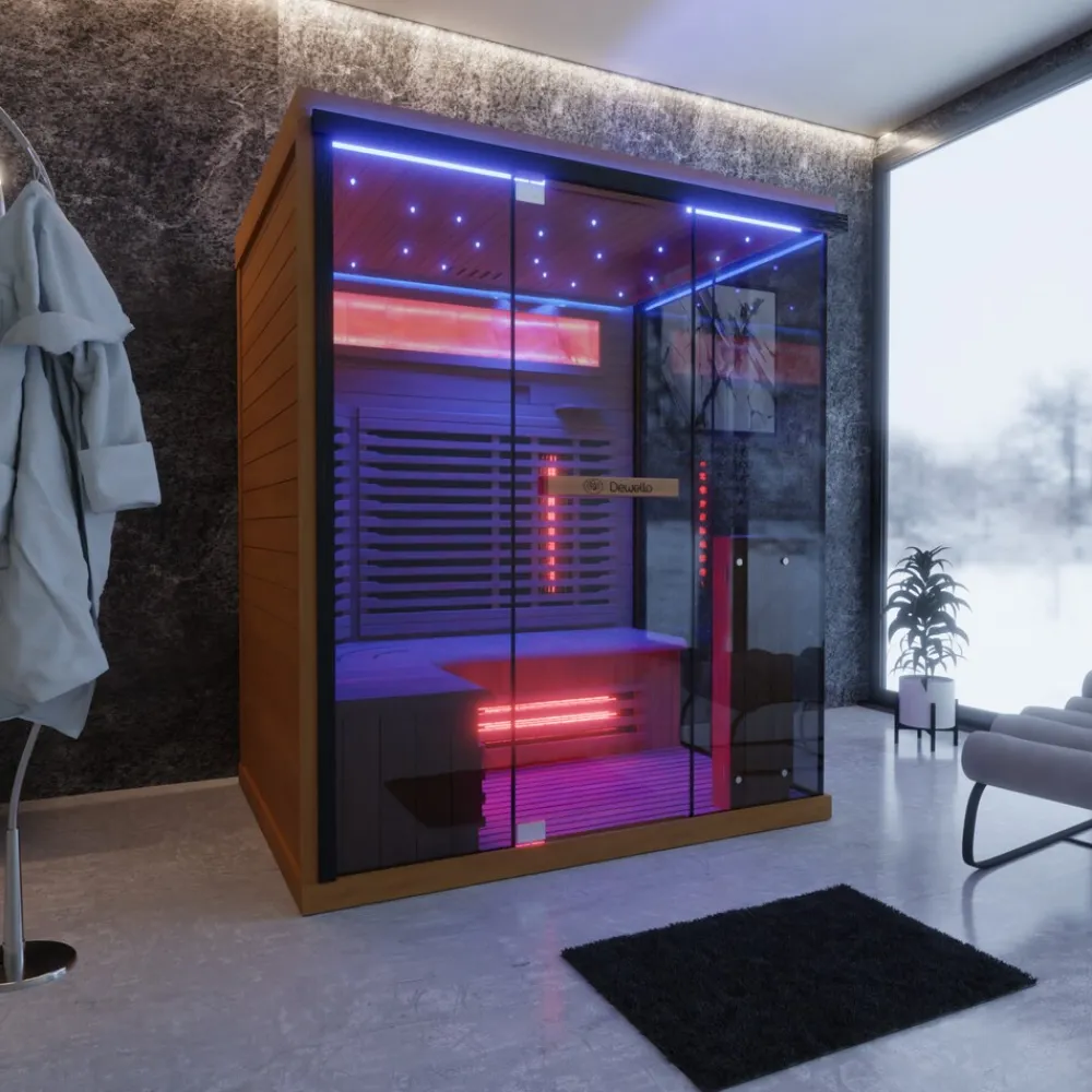 ® Infrarotkabine Infrarotsauna KENORA 160x120 für 2-3 Personen aus Hemlockholz, Dual-Therm, mit Salzsteinoptik ^ Dewello Clearance