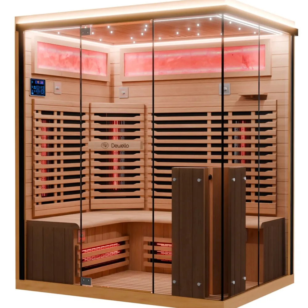 ® Infrarotkabine Infrarotsauna KENORA 160x120 für 2-3 Personen aus Hemlockholz, Dual-Therm, mit Salzsteinoptik ^ Dewello Clearance