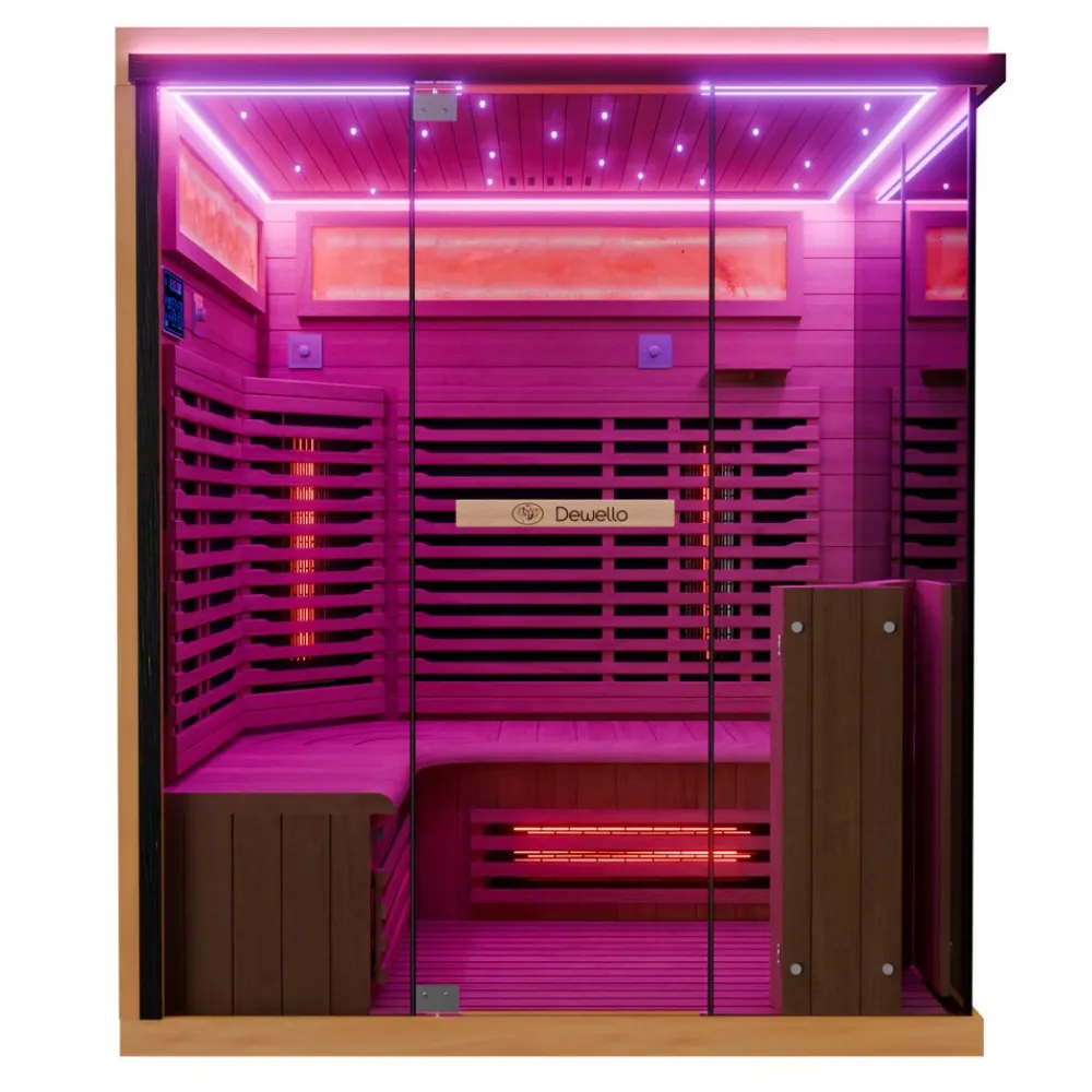 ® Infrarotkabine Infrarotsauna KENORA 160x120 für 2-3 Personen aus Hemlockholz, Dual-Therm, mit Salzsteinoptik ^ Dewello Clearance