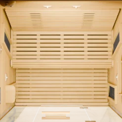 Dewello ® Infrarotkabine Infrarotsauna PALERMO 135x120 für 1-2 Personen aus Hemlockholz, Vollspektrumstrahler, Bodenstrahler, LED-Farblicht und Beleuchtung, Bluetooth New