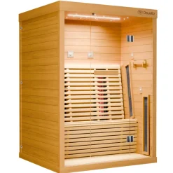 Dewello ® Infrarotkabine Infrarotsauna PALERMO 135x120 für 1-2 Personen aus Hemlockholz, Vollspektrumstrahler, Bodenstrahler, LED-Farblicht und Beleuchtung, Bluetooth New