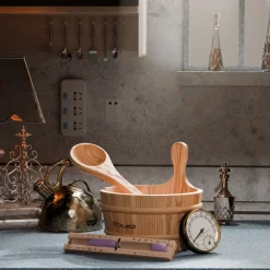 Dewello ® Sauna Zubehör Set | Saunathermometer, Hygrometer, Sanduhr, Aufguss Eimer & Saunakelle | Saunazubehör für Zuhause Sale