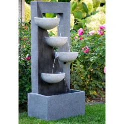 Polyresin-Brunnen mit Pumpe und LED´s, eckig mit 4 Schalen ^ Dobar Discount