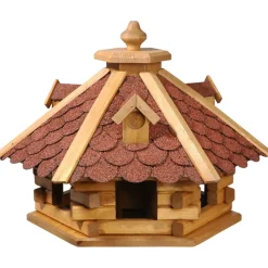 Dobar Rustikales XL-Vogelfutterhaus im Blockhaus-Stil mit rotem Bitumendach, Vogelhaus mit 6 Einfluglöchern mit rotem Dach Discount