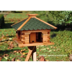 Rustikales XL-Vogelfutterhaus im Blockhaus-Stil mit grünem Bitumendach, Vogelhaus mit integriertem Futtersilo ^ Dobar Online