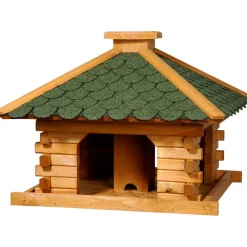 Rustikales XL-Vogelfutterhaus im Blockhaus-Stil mit grünem Bitumendach, Vogelhaus mit integriertem Futtersilo ^ Dobar Online
