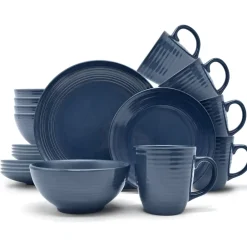 ECHTWERK 24-teiliges Vintage Kombiservice "Alicia" Modern-Design für 6 Personen, Stilvolles dunkelblaues Geschirrset aus Stoneware mit 6 x Speiseteller, 6 x Beilagenteller, 6 x Schüssel, 6 x Teetassen New
