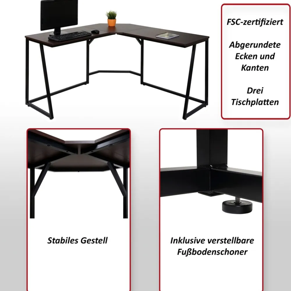 Eck-Schreibtisch -K66, Computertisch Arbeitstisch, MVG-zertifiziert 76x140x140cm, MDF Metall ~ dunkelbraun ^ MCW Clearance
