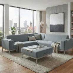 MCW Ecksofa -C47, Sofa Loungesofa Couch, Stoff/Textil Indoor wasserabweisend 245cm ~ blau mit Ablage Sale