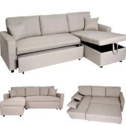 Ecksofa mit Bettkasten -L17, Couch Sofa L-Form, Liegefläche Nosagfederung 228cm ~ beige ^ MCW