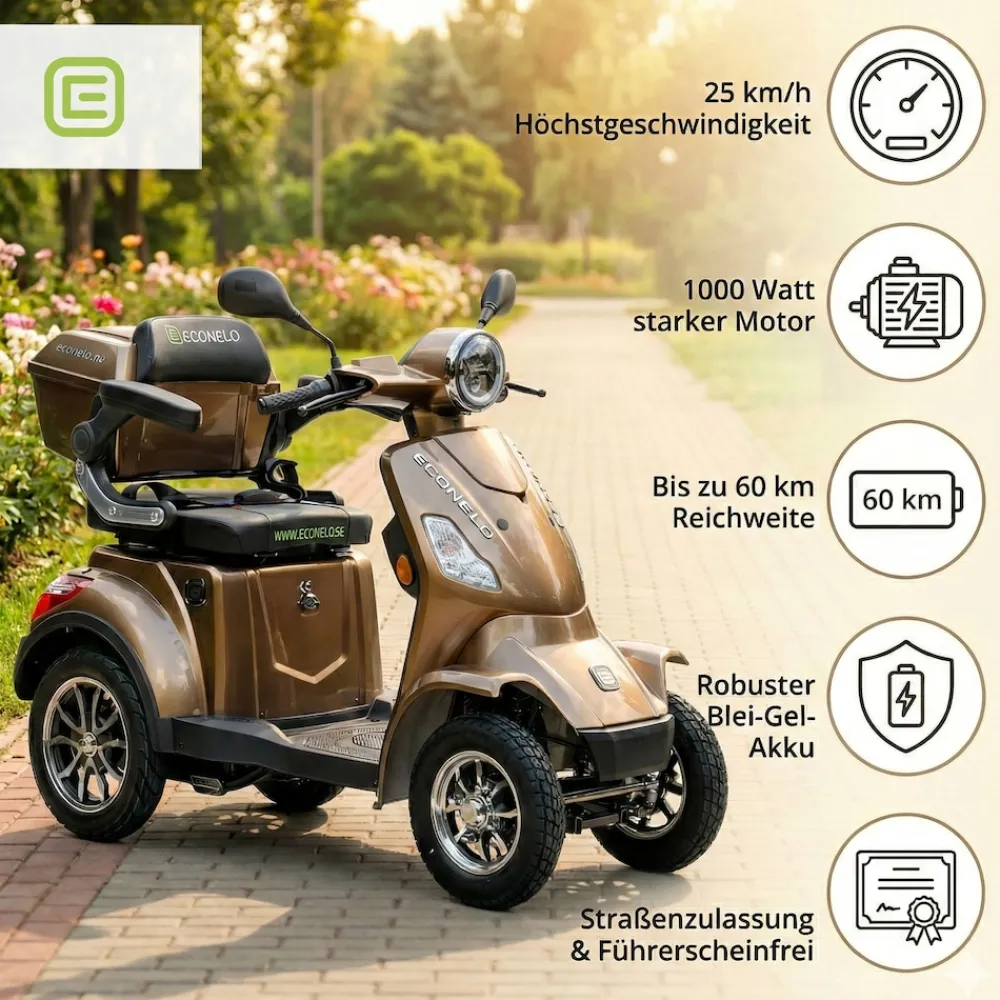 ECONELO E-Seniorenmobil Voltrixx, Lithium-Akku, 4-Rad, 1000 Watt, Braun Hot