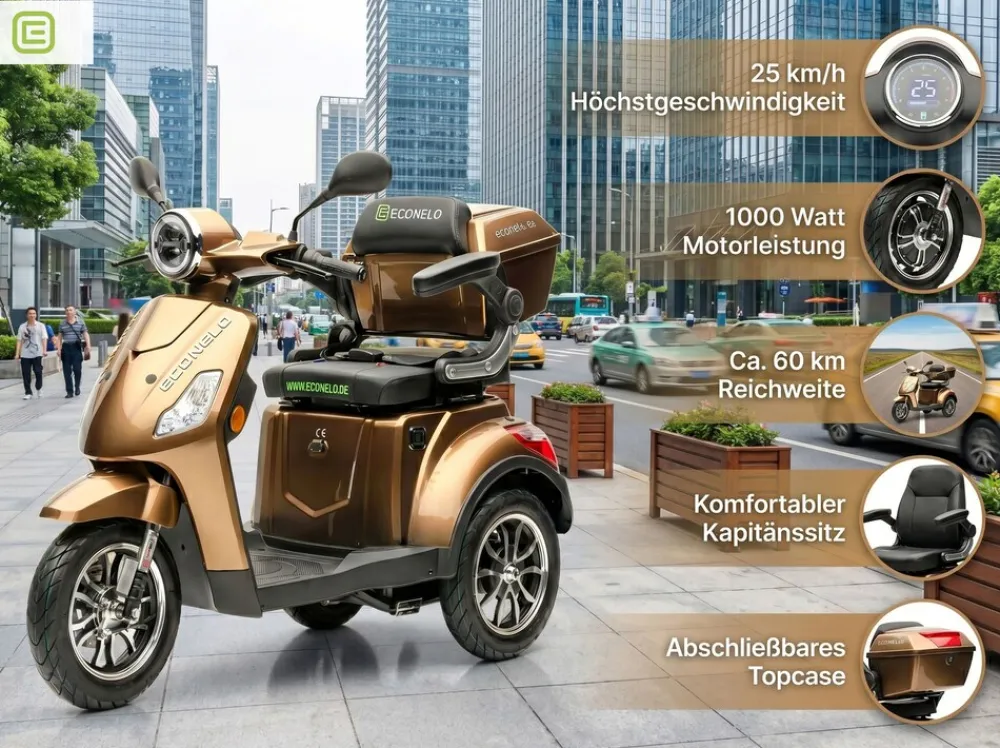 ECONELO E-Seniorenmobil Yogi-IQ, Blei-Akku, 3-Rad, 1000 Watt, Braun Clearance