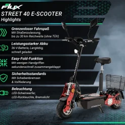 Street 40 Pro, E-Scooter, Straßenzulassung, 35 km/h, 800 Watt, mit Sitz, Gepäck-Korb, klappbar ^ eFlux New