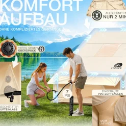 aufblasbares Zelt für 2-4 Personen mit Dachfenster Luftpumpe Premium Glamping Zelt wasserdicht, Luftzelt, Inflatable Tent, Camping Zelt, ^ eloneo Online