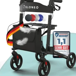 Rollator faltbar und leicht mit Sitz, Leichtgewicht-Reiserollator aus Aluminium, Gehhilfe 8-fach höhenverstellbar, Laufhilfe 3-fach faltbar für Kofferraum, Tasche & Schirmhalter ^ eloneo Online