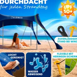 Strandzelt, Sonnensegel Strand 300x300x200 cm, LSF 50+, Sonnenschutz für Strand mit Sandschaufel, Heringen und 4 Stabilitätsstangen, 8 Personen, Navy ^ eloneo