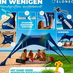 Strandzelt, Sonnensegel Strand 300x300x200 cm, LSF 50+, Sonnenschutz für Strand mit Sandschaufel, Heringen und 4 Stabilitätsstangen, 8 Personen, Navy ^ eloneo
