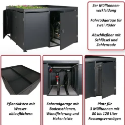 3er-Mülltonnenverkleidung / 2er-Fahrradgarage mit Pflanzkasten -N79, abschließbar 130x193x208 cm Metall anthrazit ^ MCW Hot