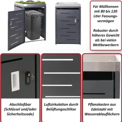 1er-Mülltonnenverkleidung -H40, Mülltonnenbox, Pflanzkasten Edelstahl-Metall-Kombi 35kg 125x69x84cm erweiterbar ^ MCW New