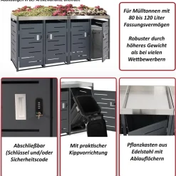 MCW 4er-Mülltonnenverkleidung -H40b, Mülltonnenbox, Pflanzkasten Edelstahl-Metall-Kombi 78kg 110x230x62cm erweiterbar Hot