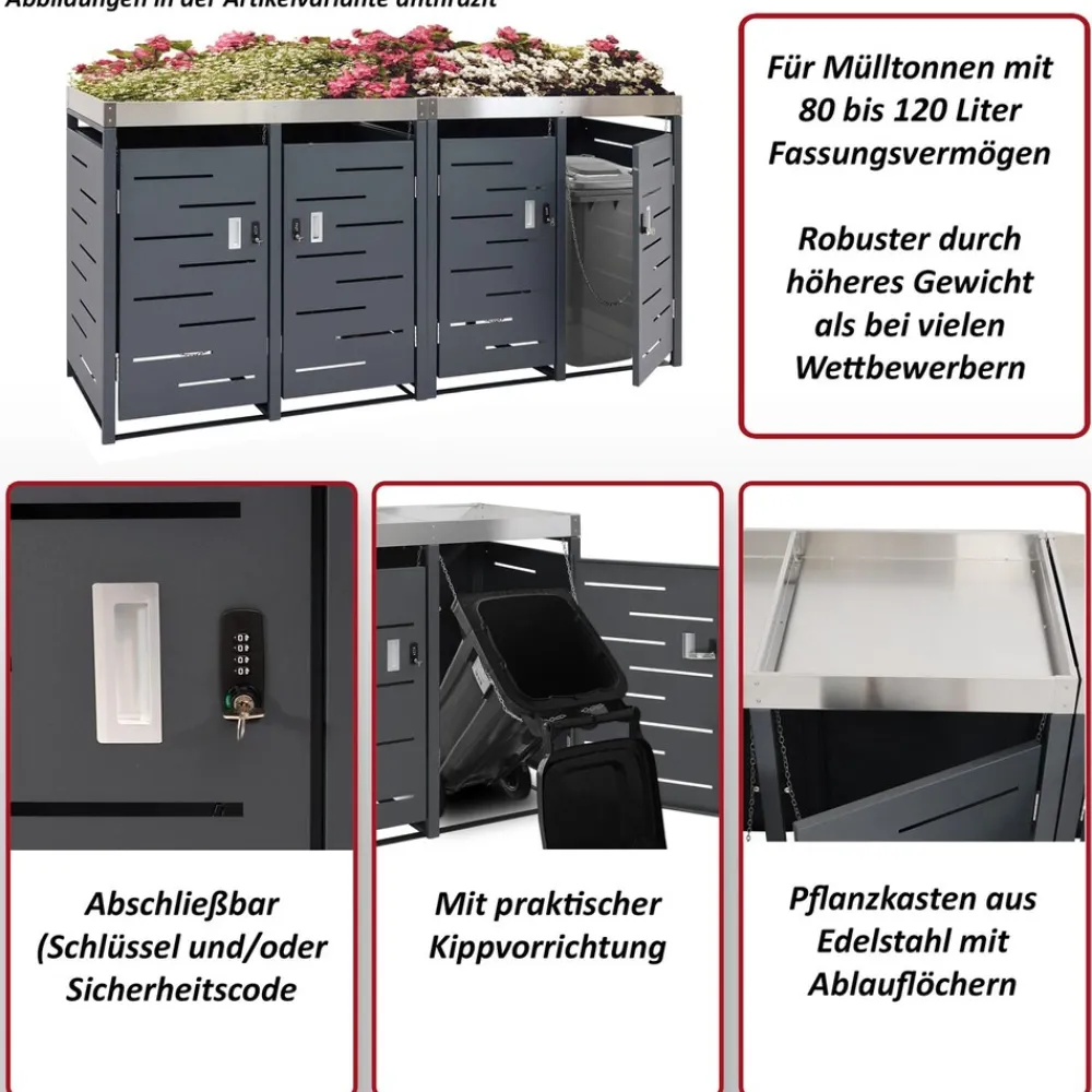 MCW 4er-Mülltonnenverkleidung -H40b, Mülltonnenbox, Pflanzkasten Edelstahl-Metall-Kombi 78kg 110x230x62cm erweiterbar Hot