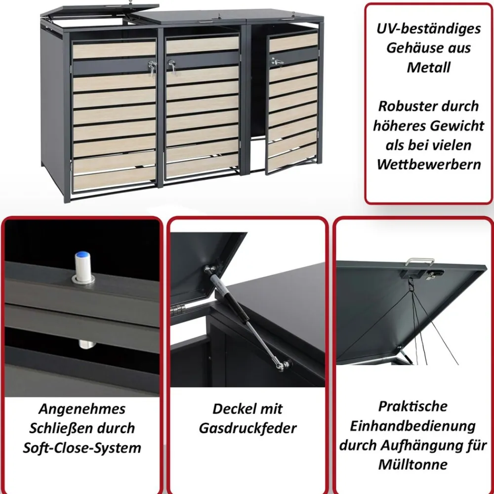 MCW 3er Mülltonnenverkleidung -J81, Mülltonnenbox, erweiterbar, Metall 82kg, anthrazit ~ gold Discount