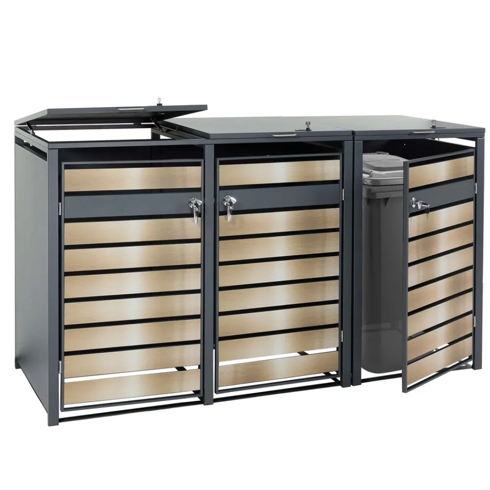 MCW 3er Mülltonnenverkleidung -J81, Mülltonnenbox, erweiterbar, Metall 82kg, anthrazit ~ gold Discount